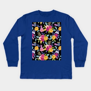 Watercolor Floral Seamless Pattern Art On Black Background Kids Long Sleeve T-Shirt